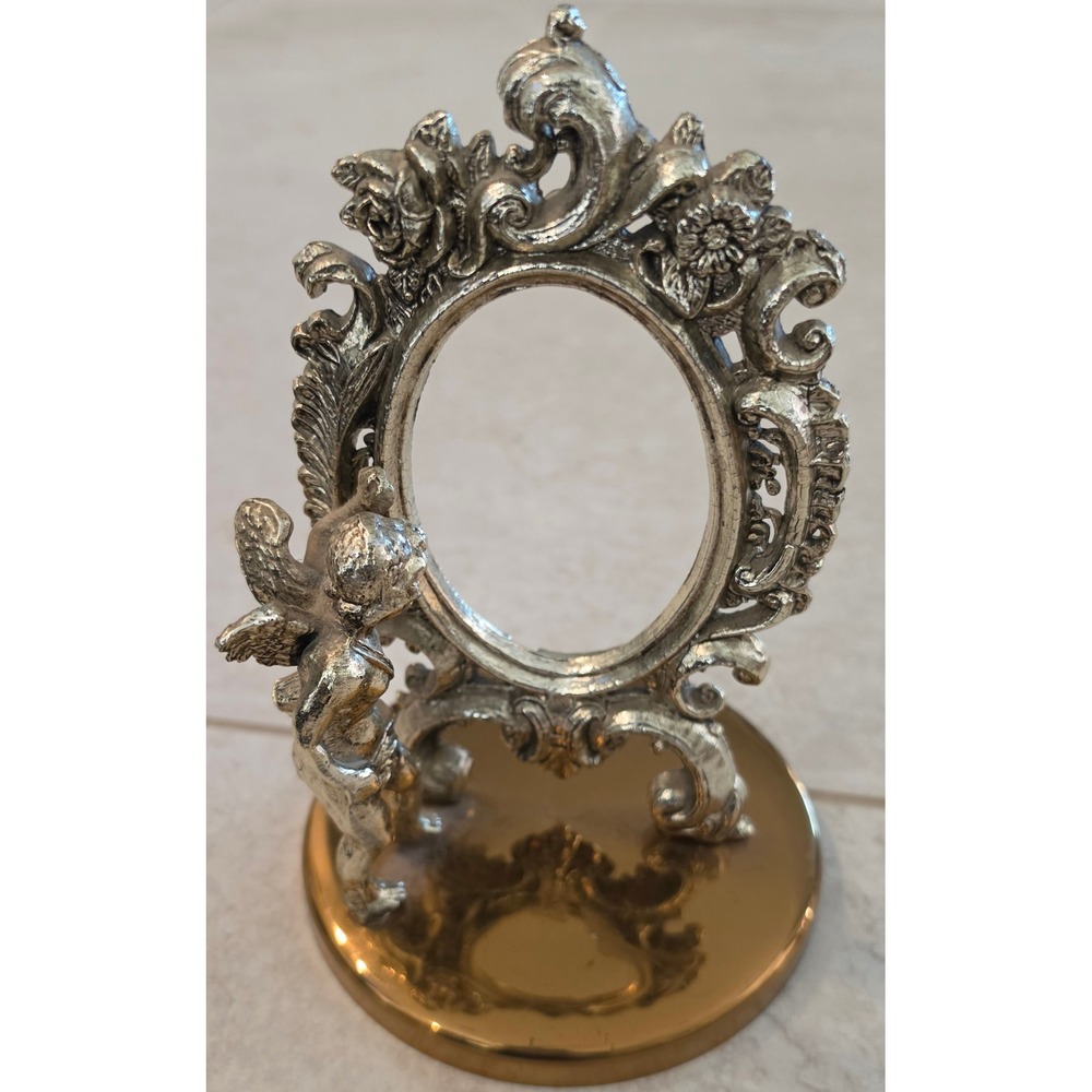 Vintage Ornate Silver Cherub Angel Oval Picture Frame Gold Pedestal Base 6"